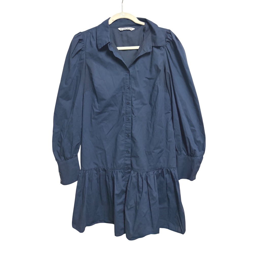 Walter Baker Navy Blue Cotton Ruffle Hem Puff Sleeve Shirt Dress S